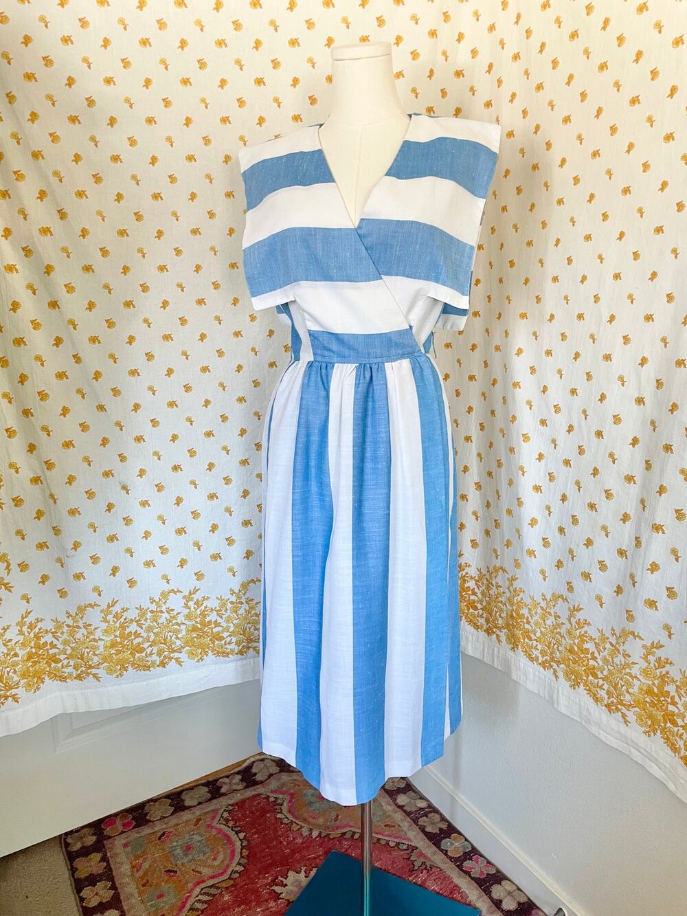 Vintage 80s Patty O’Neil Blue White Striped Wrap Midi Dress USA